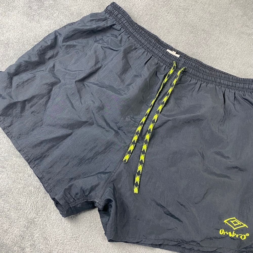 Vintage 90s Umbro Men XL Soccer Shorts Black Yellow Embroidered Logo Made in USA